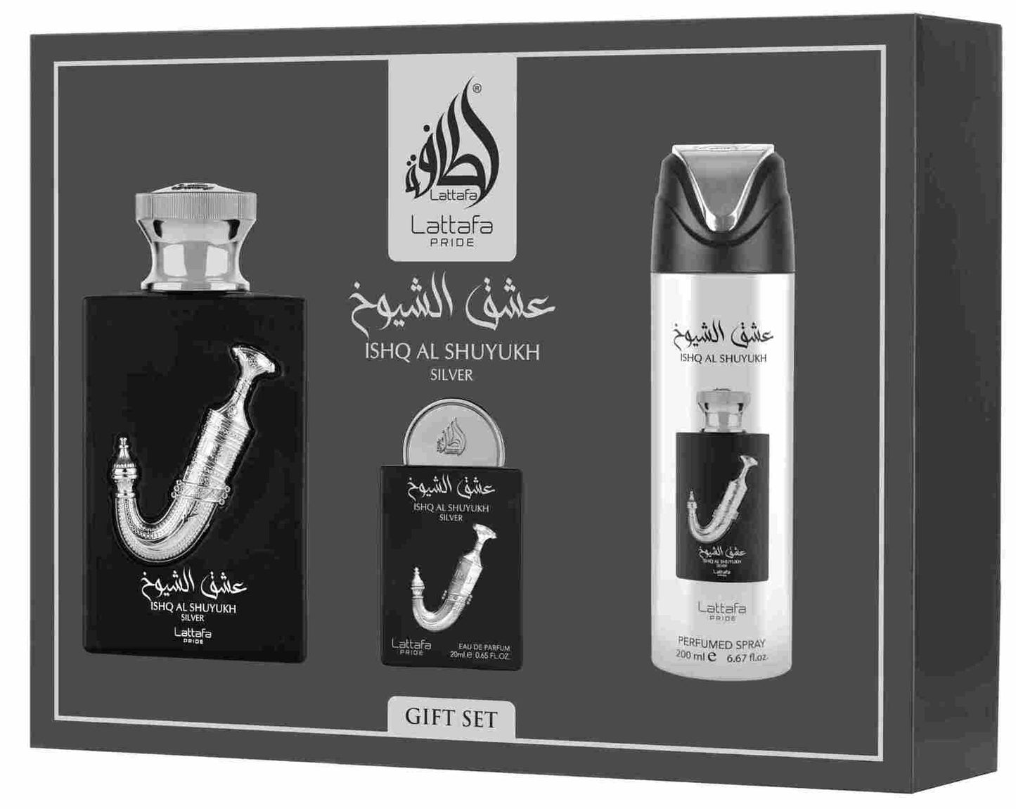 Coffret cadeau Ishq Al Shuyukh Silver (3 pièces) - Lattafa Pride - PARFUM DUBAI STORE
