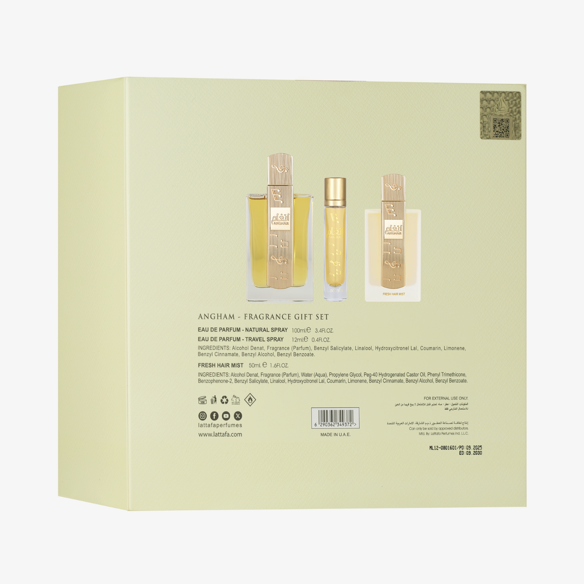 Coffret Angham Lattafa, dos de la boîte