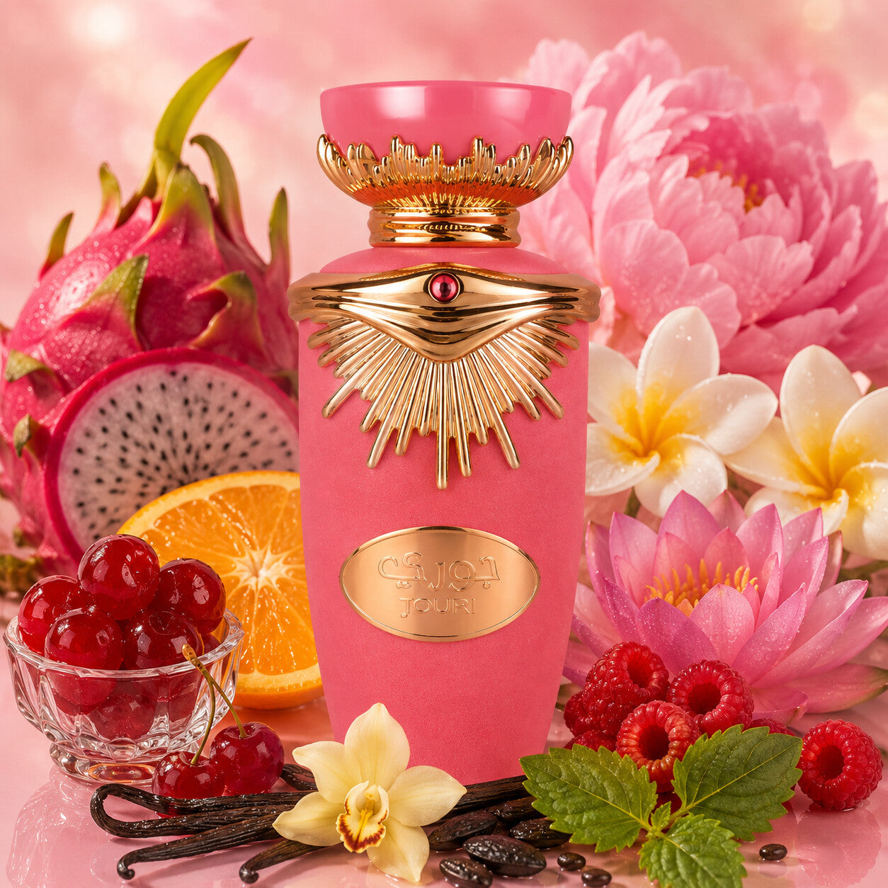 Lattafa Jouri Eau de Parfum 100ml - flacon rose ambiance fruitée florale