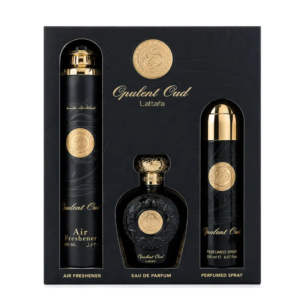 Coffret Opulent Oud Lattafa : eau de parfum, spray parfumé et désodorisant