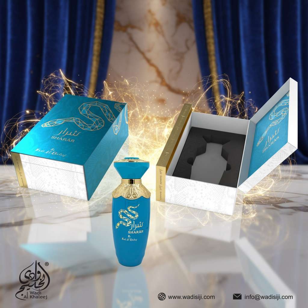 Eau de parfum Sharar 100 ml Wadi Al Khaleej - flacon turquoise et coffret rigide