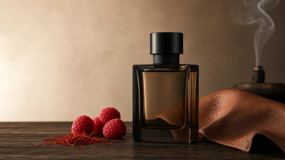 Parfum cuiré présenté avec cuir, framboises, safran et encens