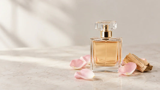 Flacon de parfum générique accompagné de pétales et de bois clair