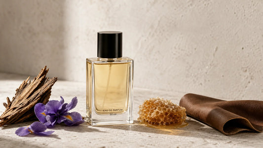 Flacon de parfum collector entouré de matières olfactives