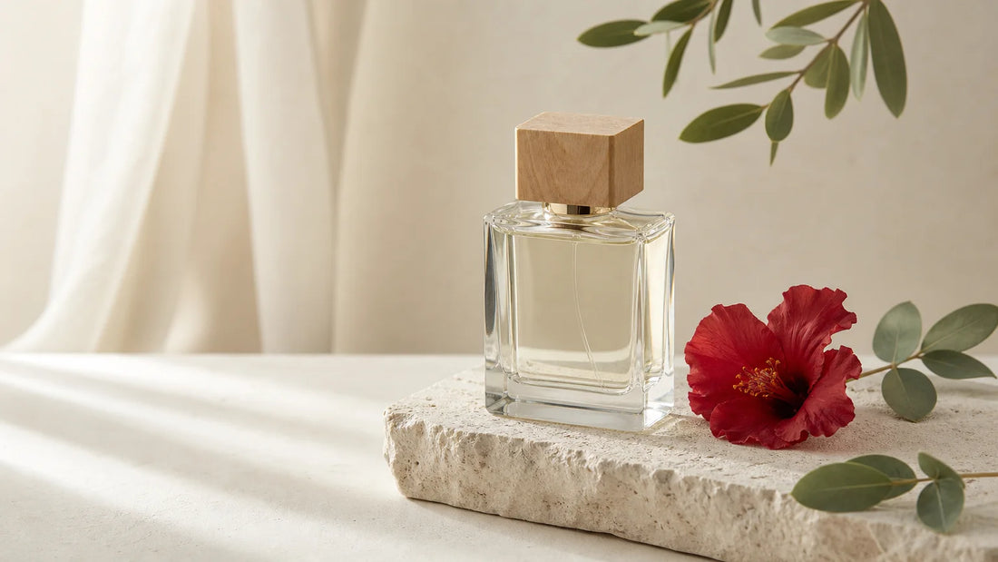Flacon de parfum générique entouré d’une fleur rouge et de feuilles