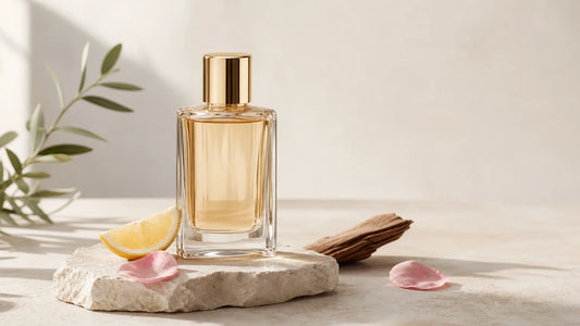 Flacon de parfum féminin entouré de citron, de rose et de bois