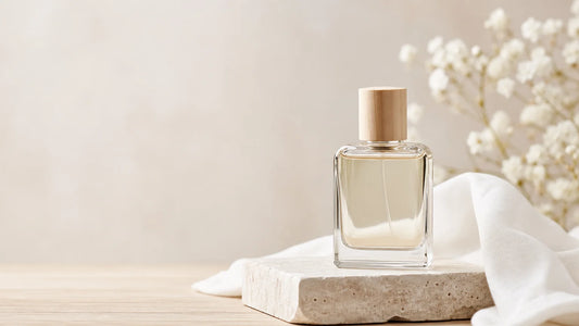 Flacon générique de parfum musqué posé dans un décor clair et élégant
