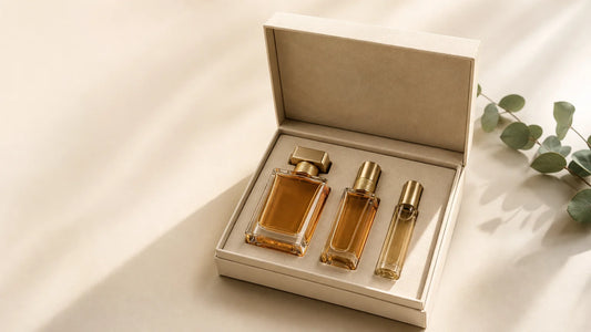 Coffret parfumé élégant avec plusieurs flacons de parfum dans des tons naturels