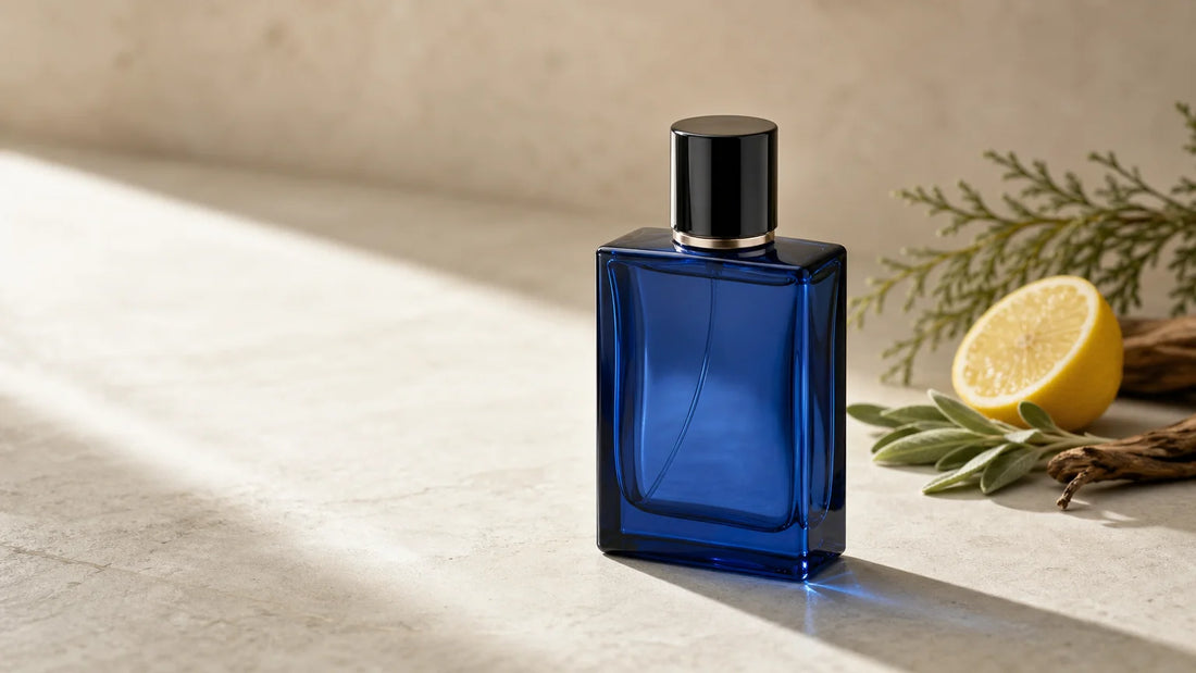 Flacon générique de parfum bleu saphir entouré de notes fraîches et boisées