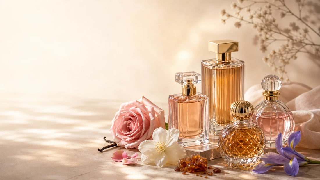 Sélection de fragrances féminines élégantes dans une ambiance florale et chaleureuse