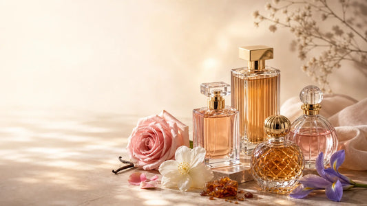 Sélection de fragrances féminines élégantes dans une ambiance florale et chaleureuse