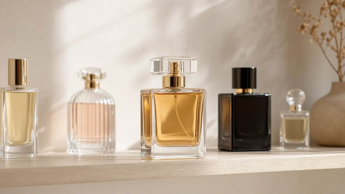 Assortiment de parfums présenté dans une boutique indépendante, pour illustrer le choix de fournisseurs en vue de la revente