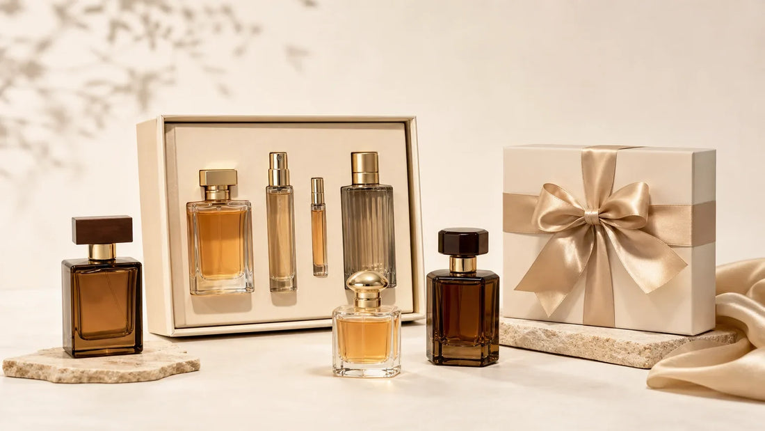 Coffrets de parfums présentés dans un décor élégant et lumineux