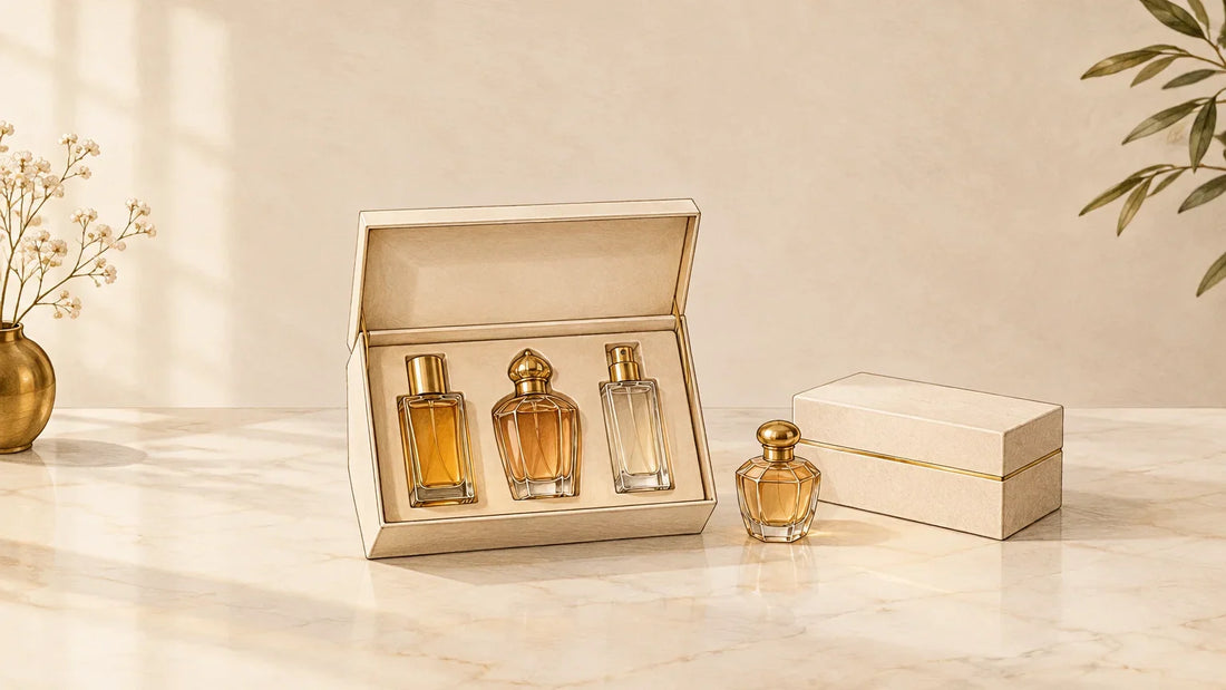 Coffrets cadeaux parfumés en France, photographie de flacons et d’écrins parfumés