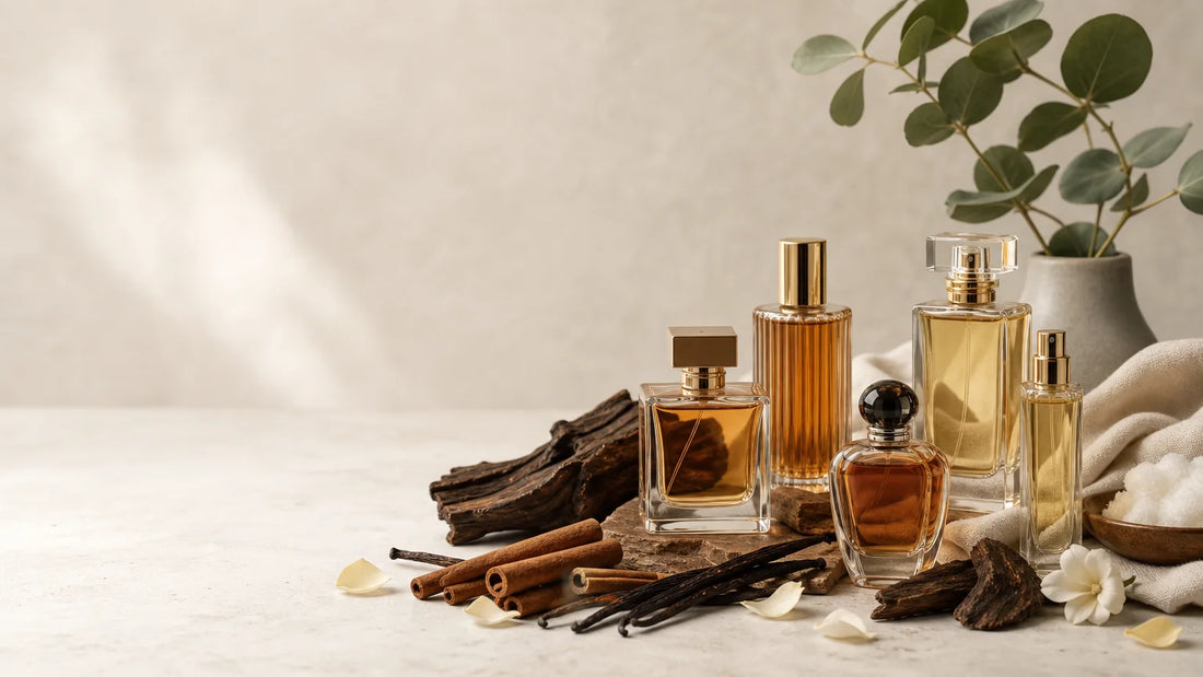 Sélection de flacons de parfums arabes entourés de vanille, cannelle et bois