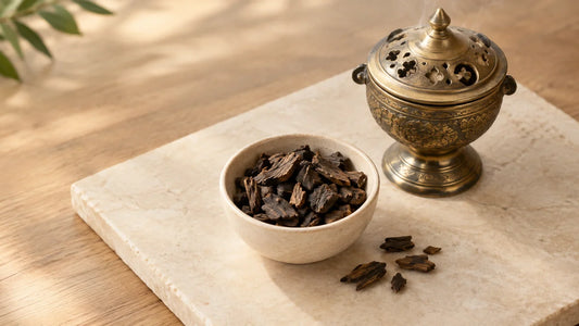 Morceaux de bakhour et encensoir traditionnel sur une surface claire