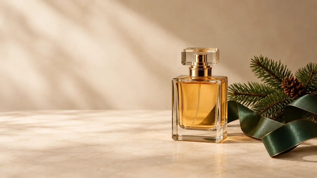Flacon de parfum générique présenté comme cadeau de Noël dans des tons ambrés