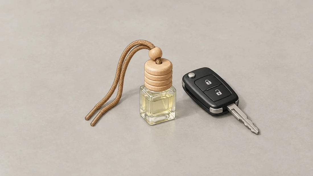 Fiole générique de parfum automobile et clé de voiture sur une surface claire