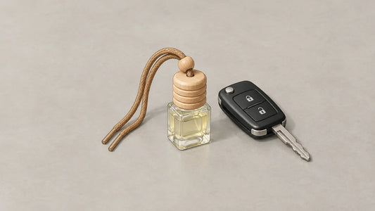 Fiole générique de parfum automobile et clé de voiture sur une surface claire