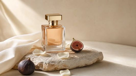 Flacon de parfum féminin générique entouré de notes florales et fruitées