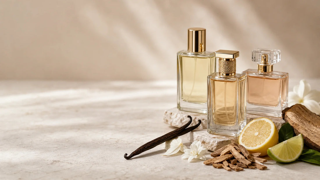 Flacons de parfum génériques entourés de notes olfactives naturelles