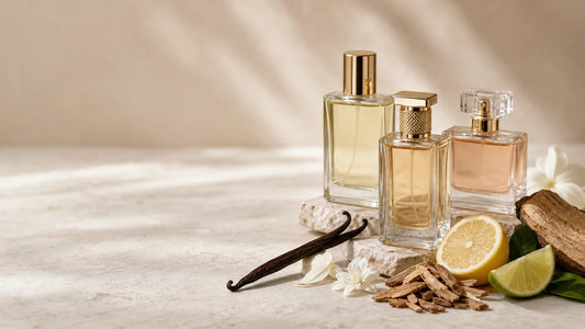 Flacons de parfum génériques entourés de notes olfactives naturelles