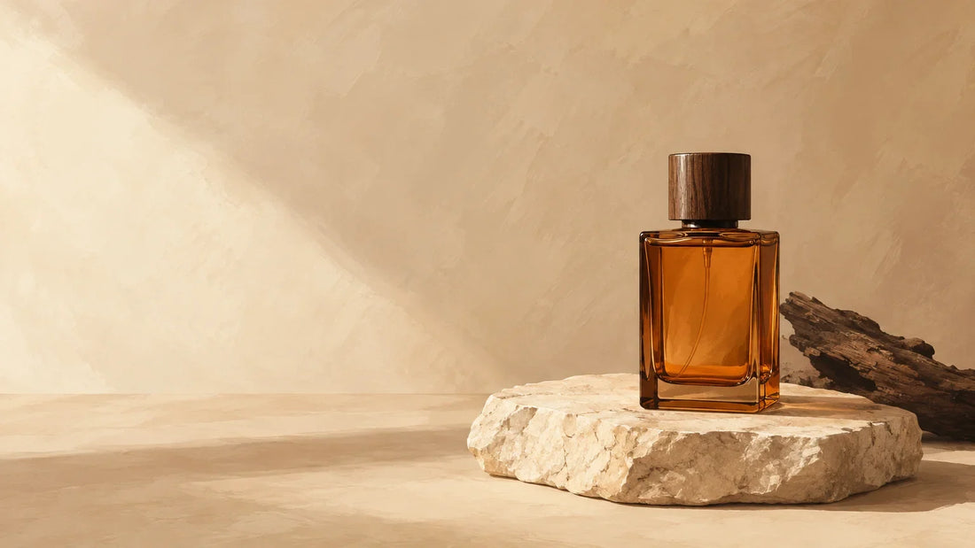 Flacon de parfum générique en verre ambré sur une pierre claire