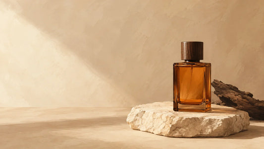 Flacon de parfum générique en verre ambré sur une pierre claire