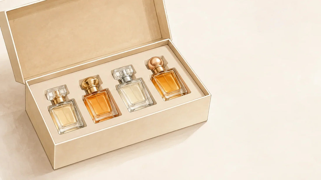 Coffret ouvert présentant plusieurs flacons de parfum de petit format