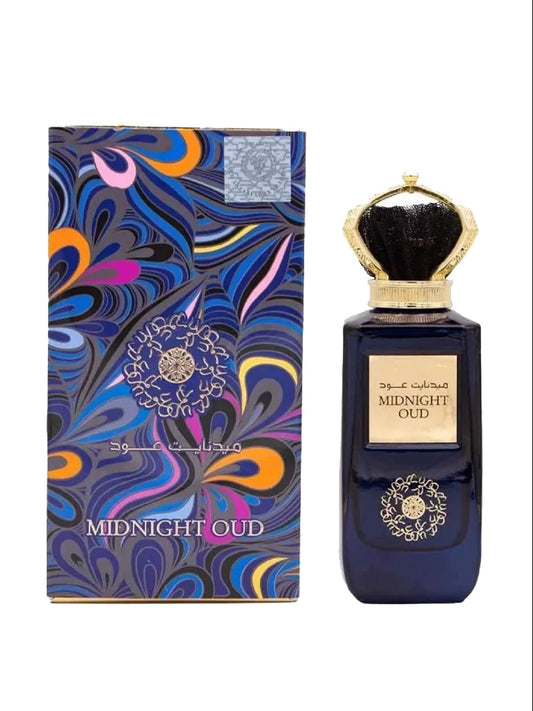 Flacon de parfum Midnight Oud de Ard Al Zaafaran avec boîte aux motifs coloré