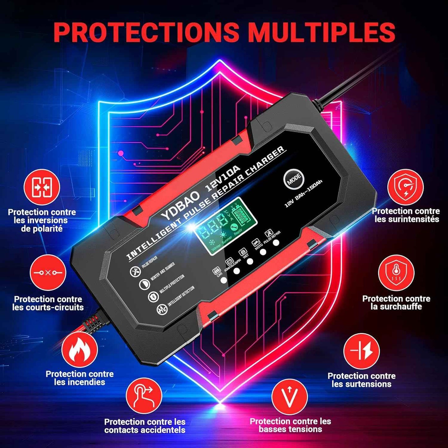 MSPURE Chargeur de batterie automobile 12 V 10 A