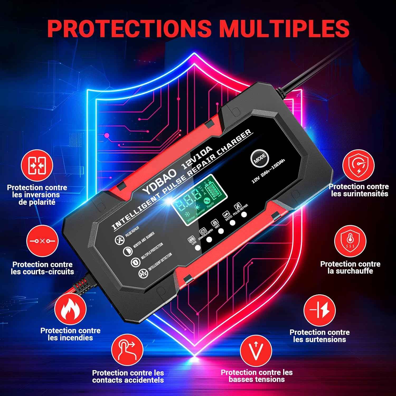 MSPURE Chargeur de batterie automobile 12 V 10 A