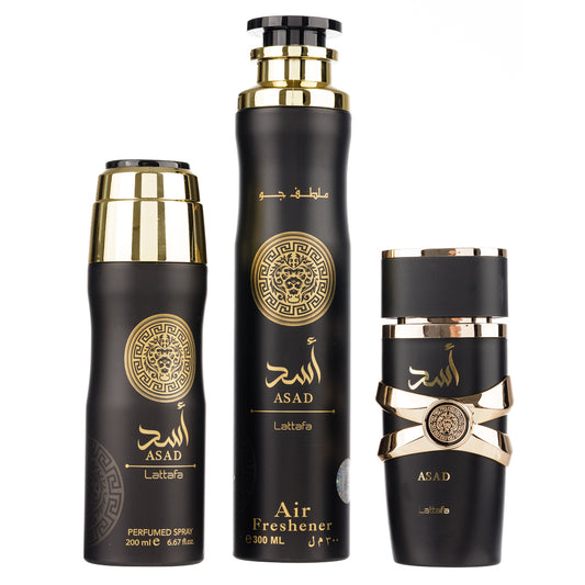 Coffret cadeau Asad et Zanzibar - Lattafa - Eau de Parfum 100ml, Perfumed Spray 200ml, Désodorisant d'ambiance 300ml
