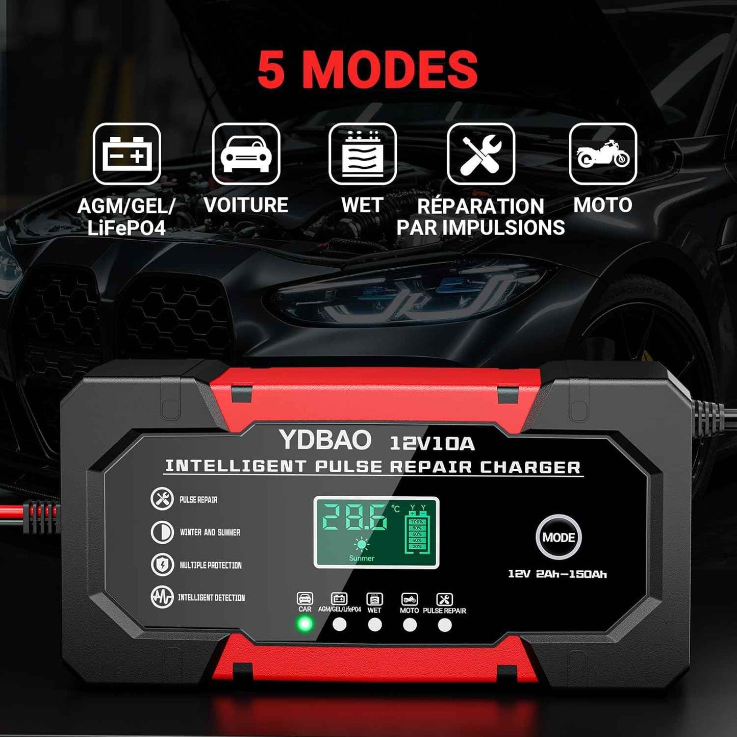 MSPURE Chargeur de batterie automobile 12 V 10 A