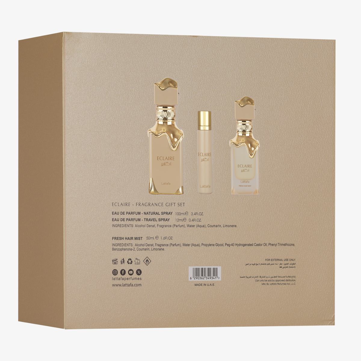 Coffret Eclaire Lattafa, dos de la boîte