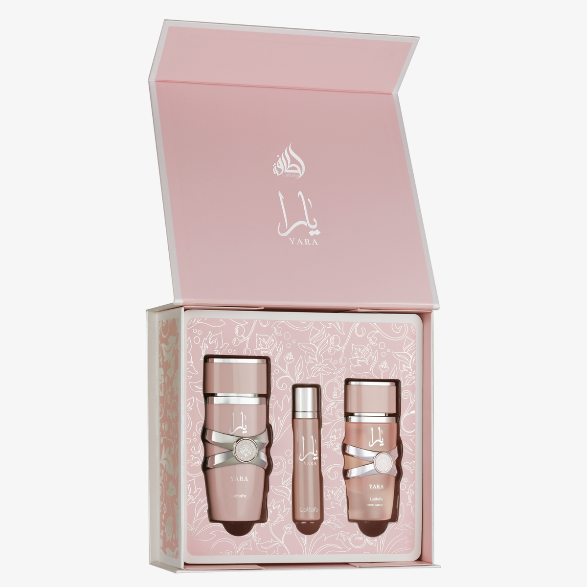 Coffret cadeau Yara Lattafa ouvert : eau de parfum 100 ml, format voyage 12 ml et brume cheveux