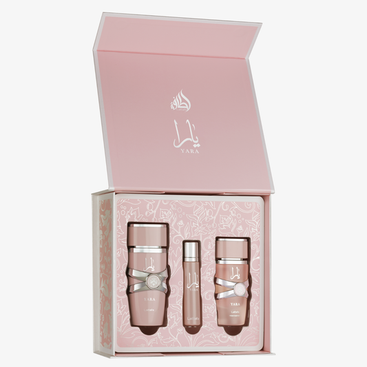 Coffret cadeau Yara Lattafa ouvert : eau de parfum 100 ml, format voyage 12 ml et brume cheveux
