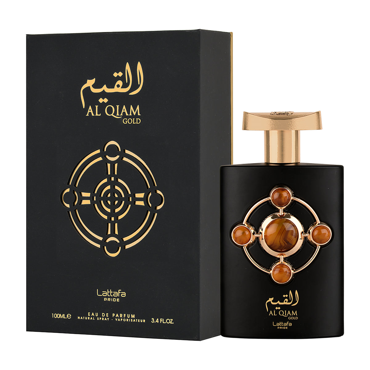 Al Qiam Gold de Lattafa Pride, eau de parfum 100 ml : flacon noir à médaillon doré et étui noir et or