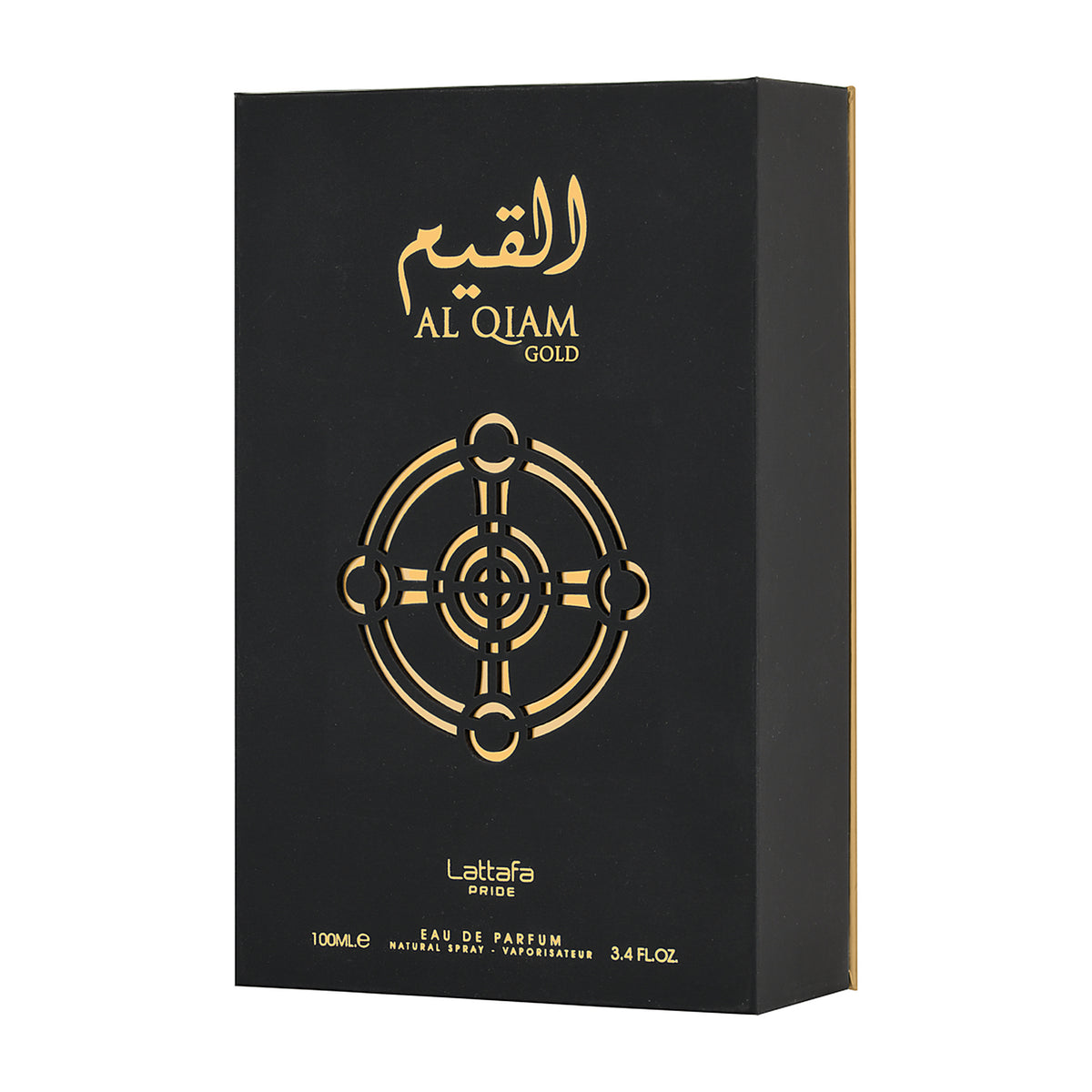 Étui noir et or de l'eau de parfum Al Qiam Gold 100 ml, Lattafa Pride
