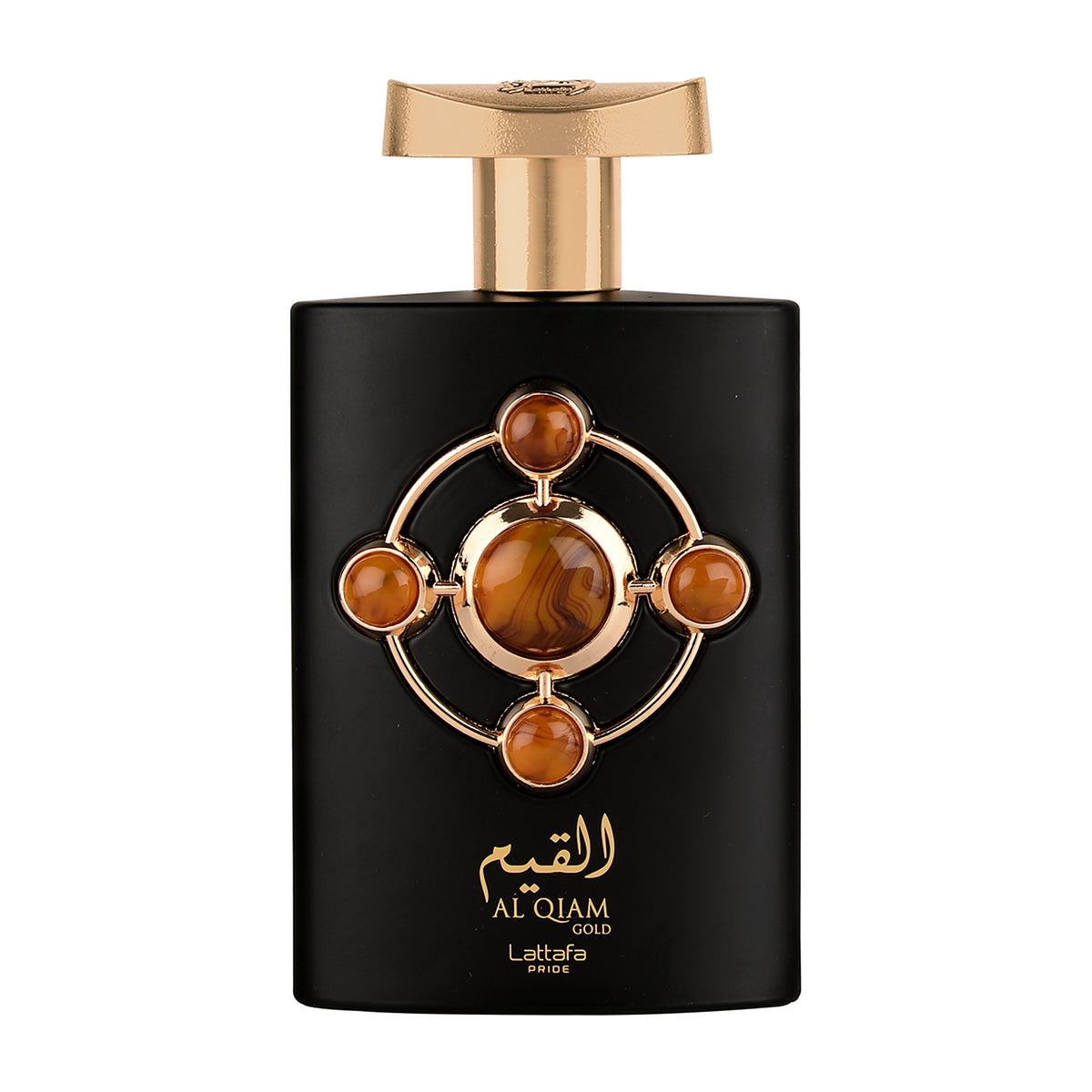 Flacon noir mat Al Qiam Gold 100 ml, médaillon doré serti de cabochons ambrés, Lattafa Pride