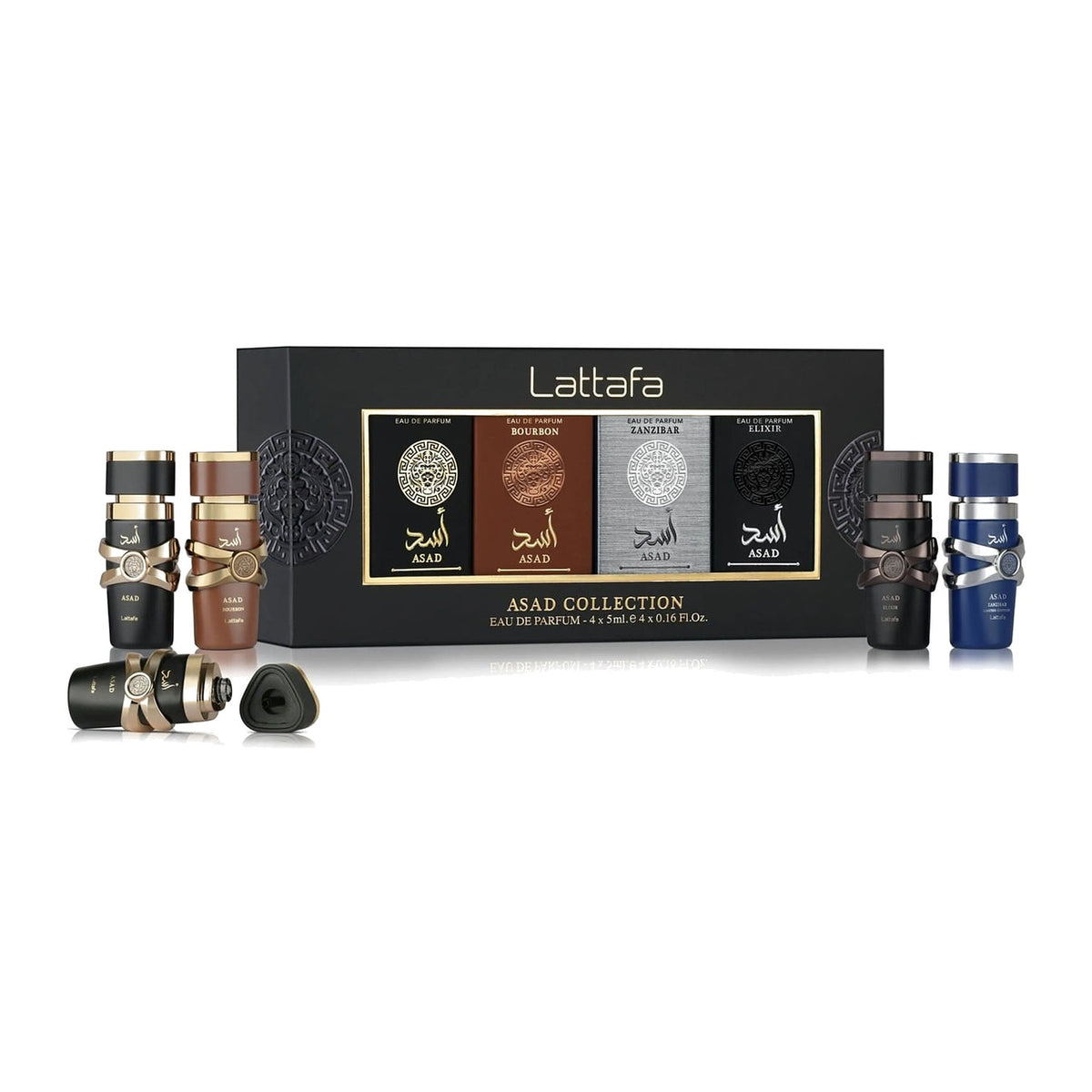 Coffret Mini Asad Collection Lattafa, 4 miniatures de 5 ml : Asad, Bourbon, Zanzibar et Elixir - PARFUM DUBAI STORE