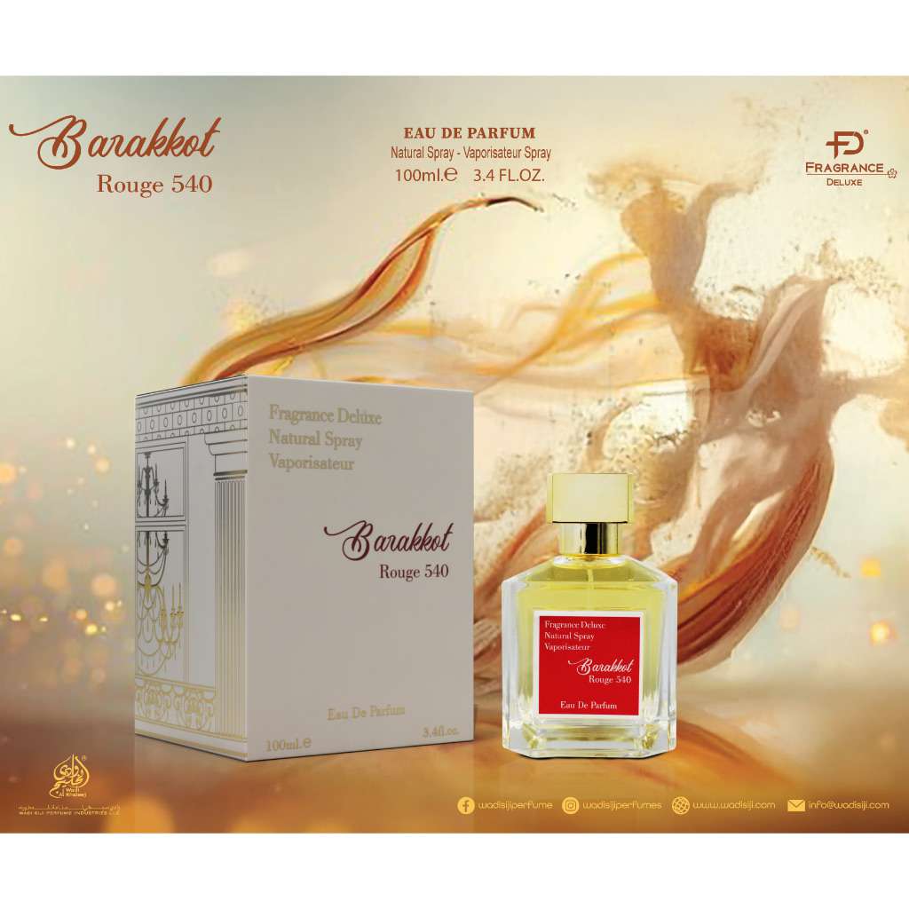 Eau de parfum Barakkot Rouge 540 100 ml Fragrance Deluxe - flacon vaporisateur ambré safrané
