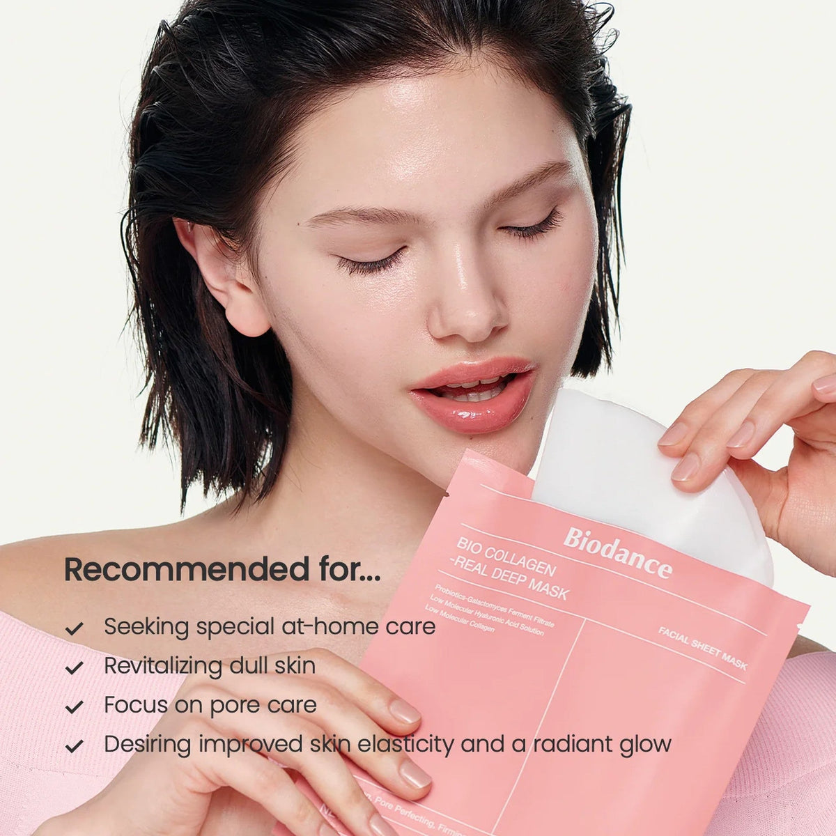 Détail du sachet individuel du masque au collagène Biodance de 34 g