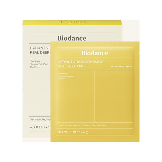 Boîte de quatre masques Biodance Radiant Vita Niacinamide Real Deep Mask, vue de face