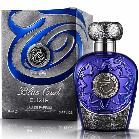 Blue Oud Elixir 100 ml Lattafa avec son étui
