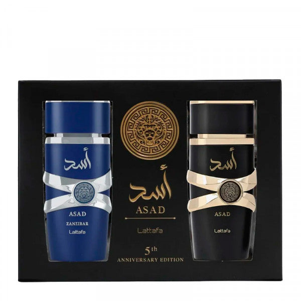 Coffret cadeau Lattafa 5e anniversaire : eau de parfum Asad Zanzibar 100 ml (flacon bleu) et eau de parfum Asad 100 ml (flacon noir et or)