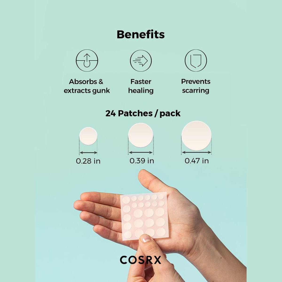 Planche de patchs hydrocolloïdes COSRX Master Patch, détail des trois tailles