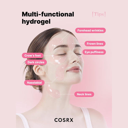 Patchs hydrogel COSRX posés sous les yeux, visuel des ingrédients clés