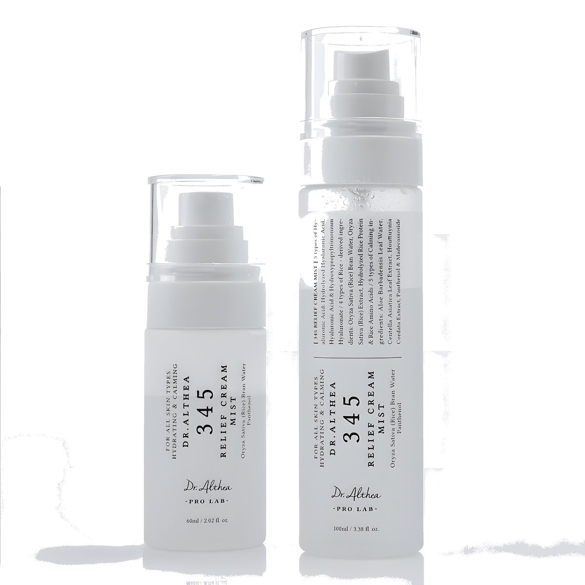 Brume 345 Relief Cream Mist Dr. Althea, format 60 ml à gauche et 100 ml à droite