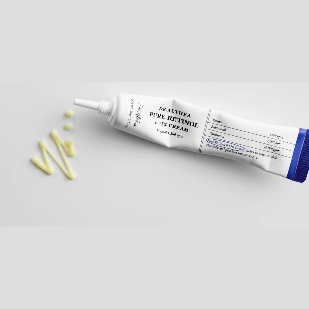 Détail de l'emballage de la crème coréenne au rétinol Dr. Althea, 20 g